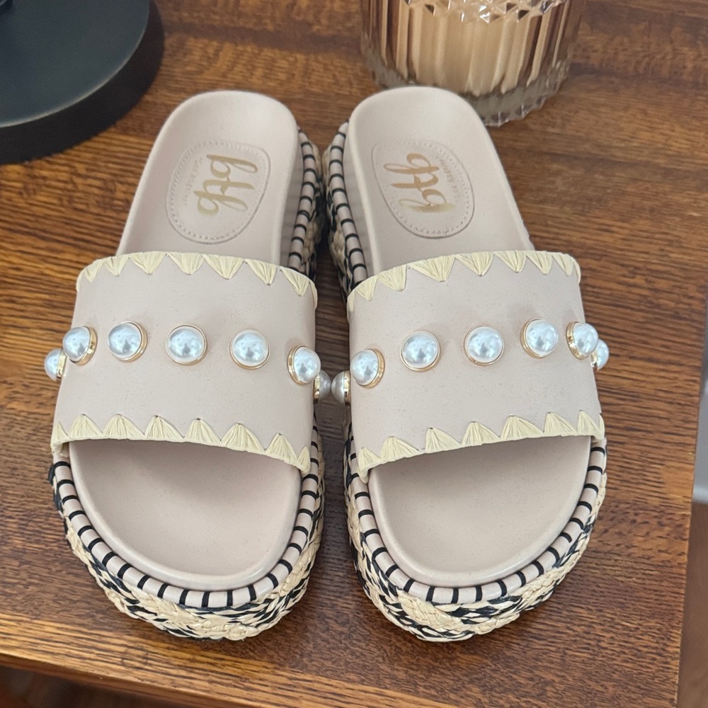 Stylish BTB Los Angeles Hera Beige Platform Sandals with Pearl Accents
